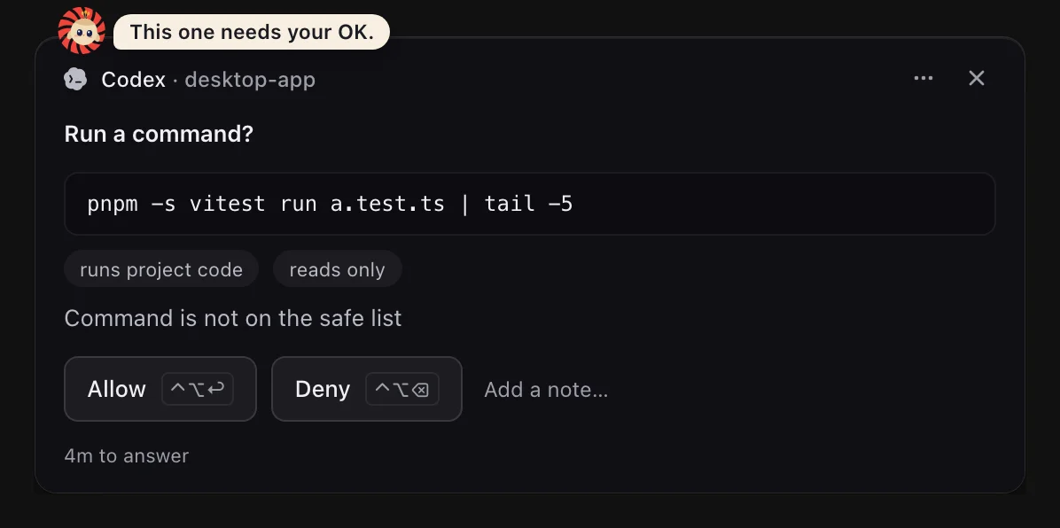 An approval card from Codex asking to run a test command, with risk chips (“runs project code”, “reads only”), Allow and Deny buttons with their keyboard chords, and Keki saying “This one needs your OK.”