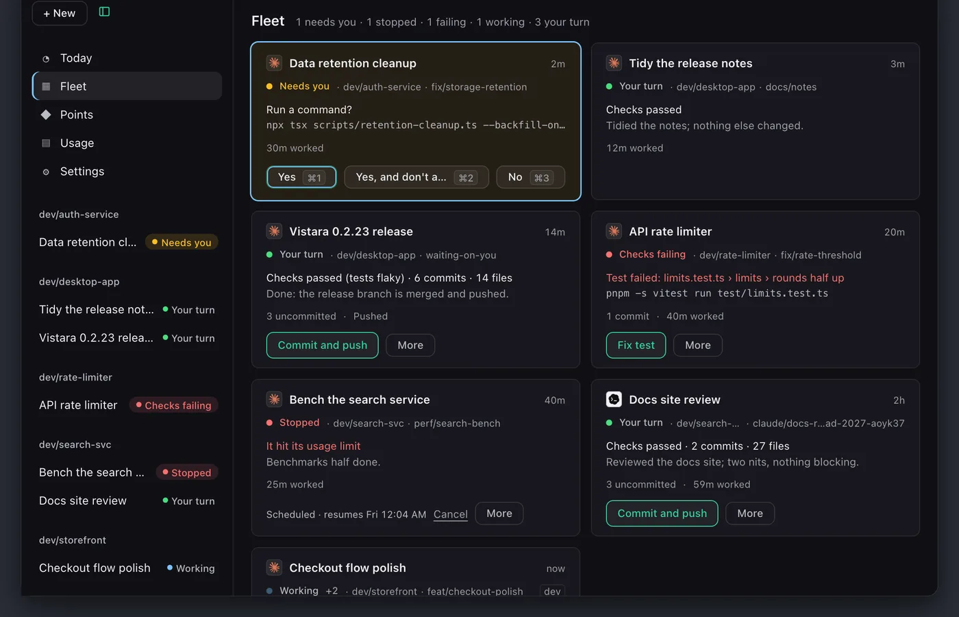 The Fleet grid: one tile per agent session (Claude and Codex) showing its state (needs you, your turn, checks failing, stopped, working), what it last said and the next action, such as Commit and push or Fix test.